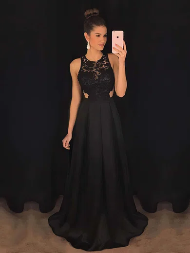 A-line Scoop Neck Satin Sweep Train Appliques Lace Prom Dresses #Favs020104848
