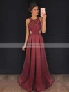 A-line Scoop Neck Satin Sweep Train Appliques Lace Prom Dresses #Favs020104848