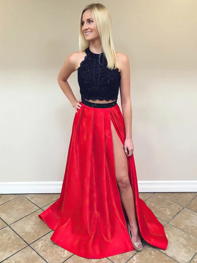 A-line Halter Satin Sweep Train Appliques Lace Prom Dresses #Favs020104957