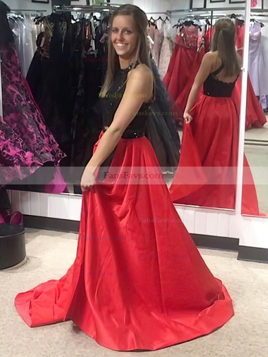 A-line Halter Satin Sweep Train Appliques Lace Prom Dresses #Favs020104957