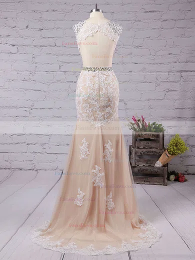 Trumpet/Mermaid Scoop Neck Tulle Sweep Train Beading Prom Dresses #Favs020103546