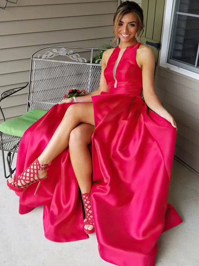 A-line Scoop Neck Satin Sweep Train Pockets Prom Dresses #Favs020105146