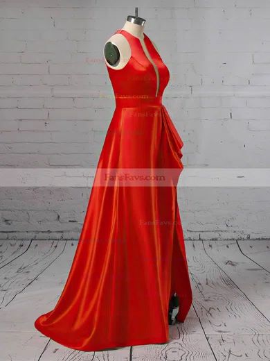 A-line Scoop Neck Satin Sweep Train Pockets Prom Dresses #Favs020105146