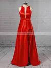 A-line Scoop Neck Satin Sweep Train Pockets Prom Dresses #Favs020105146