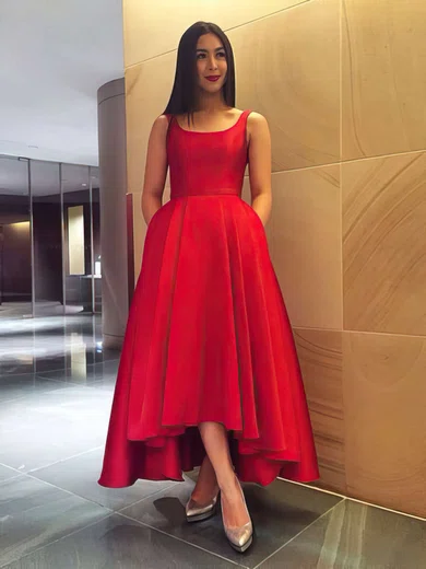 A-line Square Neckline Satin Asymmetrical Bow Prom Dresses #Favs020105397