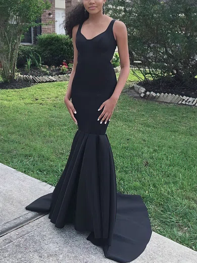 Trumpet/Mermaid V-neck Satin Sweep Train Prom Dresses #Favs020105509
