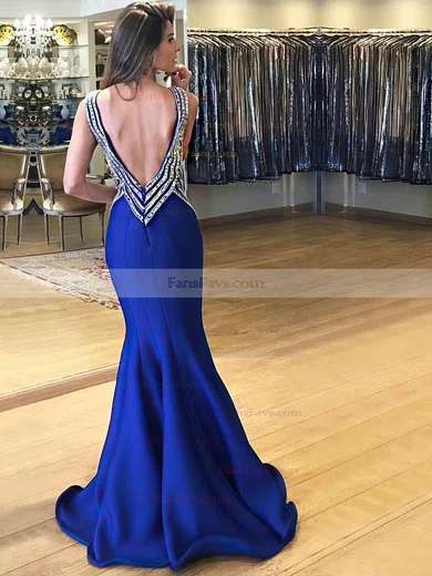 Trumpet/Mermaid V-neck Stretch Crepe Sweep Train Beading Prom Dresses #Favs020105546