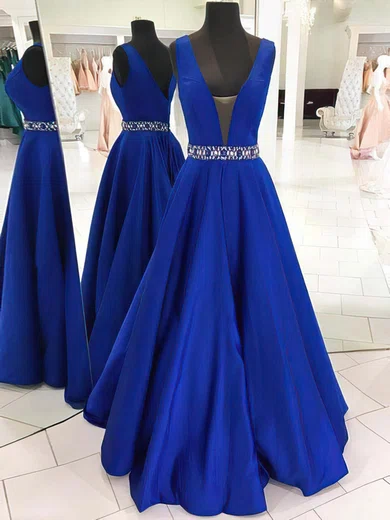 Princess V-neck Satin Floor-length Beading Prom Dresses #Favs020105569