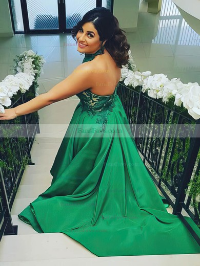 Princess Halter Satin Sweep Train Appliques Lace Prom Dresses #Favs020105663