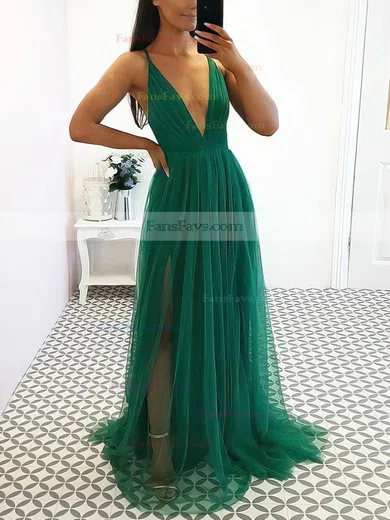 A-line V-neck Tulle Floor-length Split Front Prom Dresses #Favs020103576