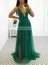 A-line V-neck Tulle Floor-length Split Front Prom Dresses #Favs020103576