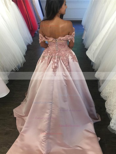 Ball Gown Off-the-shoulder Satin Sweep Train Appliques Lace Prom Dresses #Favs020105721