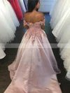 Ball Gown Off-the-shoulder Satin Sweep Train Appliques Lace Prom Dresses #Favs020105721