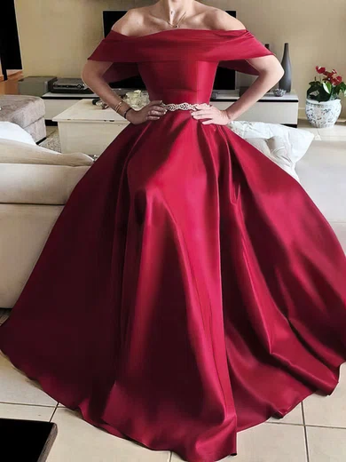 A-line Off-the-shoulder Satin Floor-length Sashes / Ribbons Prom Dresses #Favs020105739