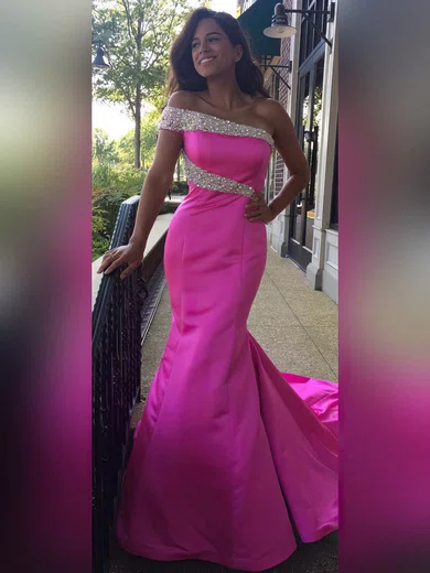 Trumpet/Mermaid One Shoulder Satin Sweep Train Crystal Detailing Prom Dresses #Favs020105747
