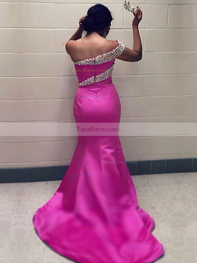 Trumpet/Mermaid One Shoulder Satin Sweep Train Crystal Detailing Prom Dresses #Favs020105747