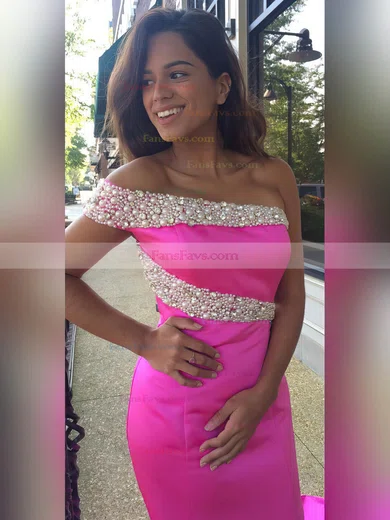 Trumpet/Mermaid One Shoulder Satin Sweep Train Crystal Detailing Prom Dresses #Favs020105747