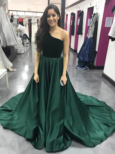 Princess One Shoulder Satin Sweep Train Prom Dresses #Favs020105748