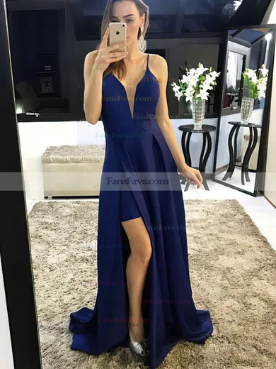 A-line V-neck Satin Sweep Train Split Front Prom Dresses #Favs020105750