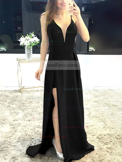 A-line V-neck Satin Sweep Train Split Front Prom Dresses #Favs020105750