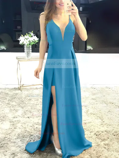A-line V-neck Satin Sweep Train Split Front Prom Dresses #Favs020105750