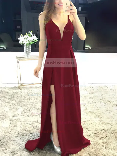 A-line V-neck Satin Sweep Train Split Front Prom Dresses #Favs020105750