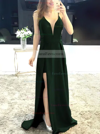A-line V-neck Satin Sweep Train Split Front Prom Dresses #Favs020105750