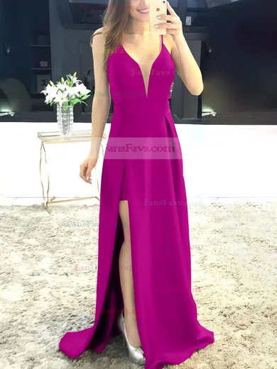 A-line V-neck Satin Sweep Train Split Front Prom Dresses #Favs020105750