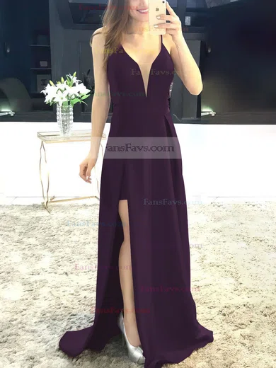 A-line V-neck Satin Sweep Train Split Front Prom Dresses #Favs020105750