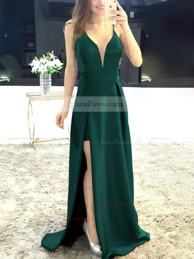 A-line V-neck Satin Sweep Train Split Front Prom Dresses #Favs020105750