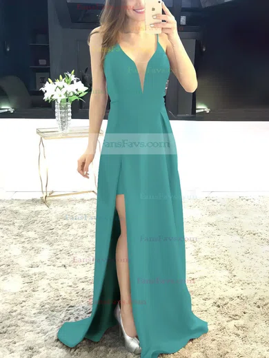 A-line V-neck Satin Sweep Train Split Front Prom Dresses #Favs020105750
