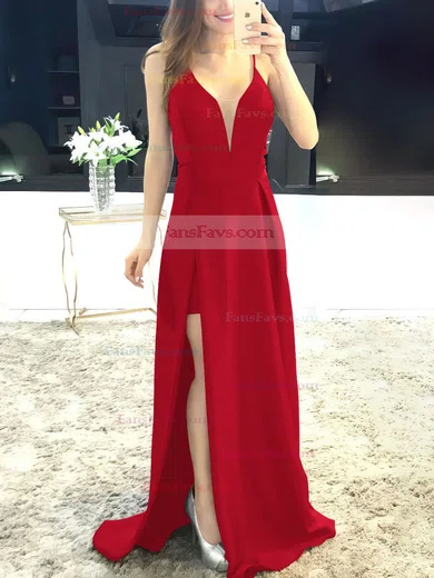 A-line V-neck Satin Sweep Train Split Front Prom Dresses #Favs020105750
