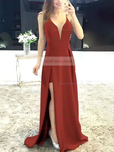 A-line V-neck Satin Sweep Train Split Front Prom Dresses #Favs020105750
