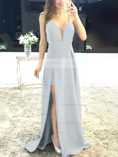 A-line V-neck Satin Sweep Train Split Front Prom Dresses #Favs020105750