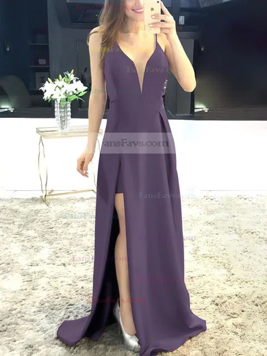 A-line V-neck Satin Sweep Train Split Front Prom Dresses #Favs020105750