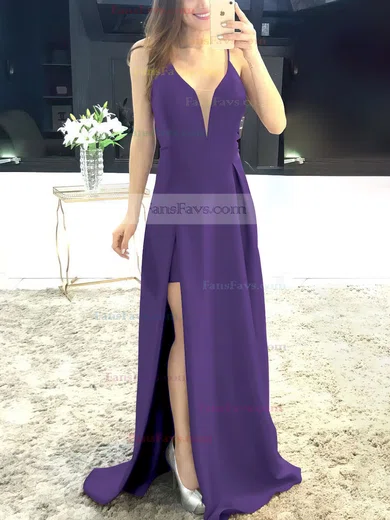 A-line V-neck Satin Sweep Train Split Front Prom Dresses #Favs020105750
