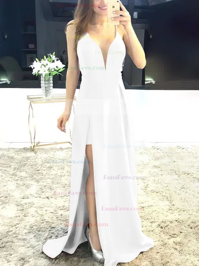 A-line V-neck Satin Sweep Train Split Front Prom Dresses #Favs020105750