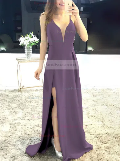 A-line V-neck Satin Sweep Train Split Front Prom Dresses #Favs020105750