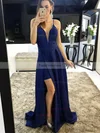 A-line V-neck Satin Sweep Train Split Front Prom Dresses #Favs020105750