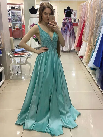 Princess V-neck Satin Sweep Train Pearl Detailing Prom Dresses #Favs020105776