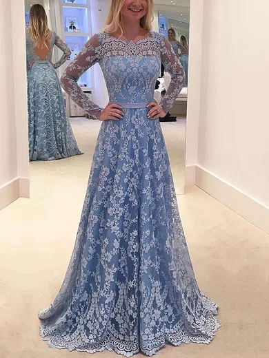 A-line Scalloped Neck Lace Floor-length Sashes / Ribbons Prom Dresses #Favs020103585