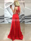 A-line Scoop Neck Lace Satin Floor-length Split Front Prom Dresses #Favs020105258