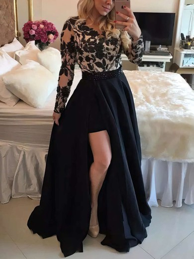 A-line Scoop Neck Satin Detachable Appliques Lace Prom Dresses #Favs020104981