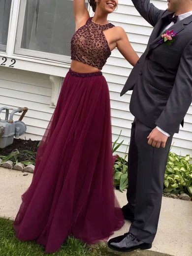 A-line Scoop Neck Tulle Floor-length Beading Prom Dresses #Favs020103601