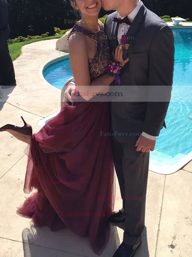 A-line Scoop Neck Tulle Floor-length Beading Prom Dresses #Favs020103601