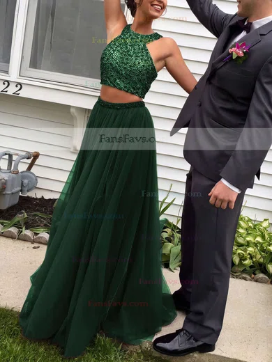 A-line Scoop Neck Tulle Floor-length Beading Prom Dresses #Favs020103601
