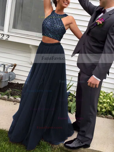 A-line Scoop Neck Tulle Floor-length Beading Prom Dresses #Favs020103601