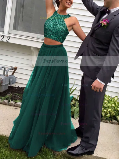 A-line Scoop Neck Tulle Floor-length Beading Prom Dresses #Favs020103601