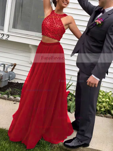 A-line Scoop Neck Tulle Floor-length Beading Prom Dresses #Favs020103601