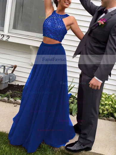 A-line Scoop Neck Tulle Floor-length Beading Prom Dresses #Favs020103601